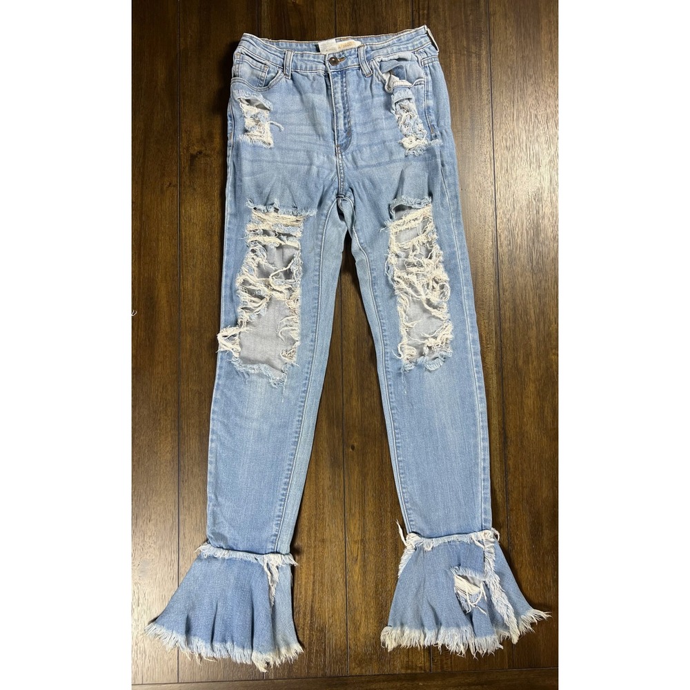 Aphrodite Distressed Ruffle Hem Jeans Light Wash High Rise Size 9 29 AP-2051E